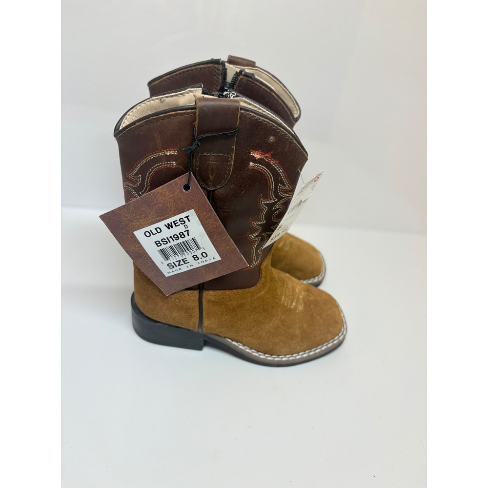Old West Toddler Boys 8D Brown Leather Suede Square Toe Western Boots